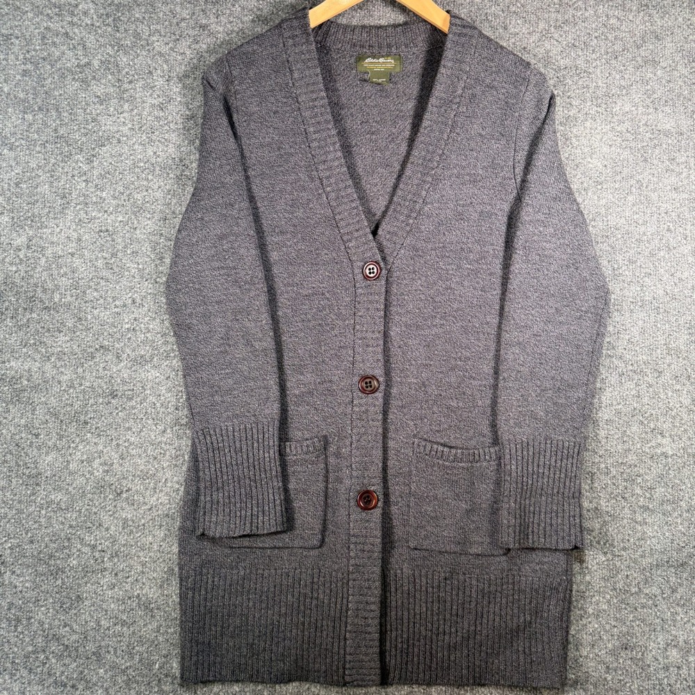 Eddie Bauer Merino Wool Cardigan Sweater Women's Medium Gray Longline V-Neck